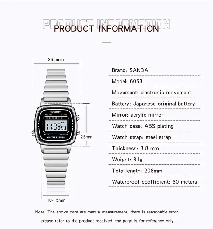 SANDA 6053 montre numérique de luxe pour femmes élégant étanche sport LED affichage