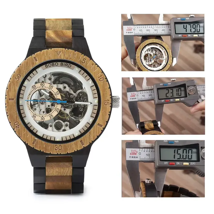 BOBO BIRD Montre mécanique en bois pour hommes Montre-bracelet automatique de luxe Aiguilles lumineuses Chronographe Logo personnalisé Personnaliser Grande boîte-cadeau Support de bijoux élégant en gr