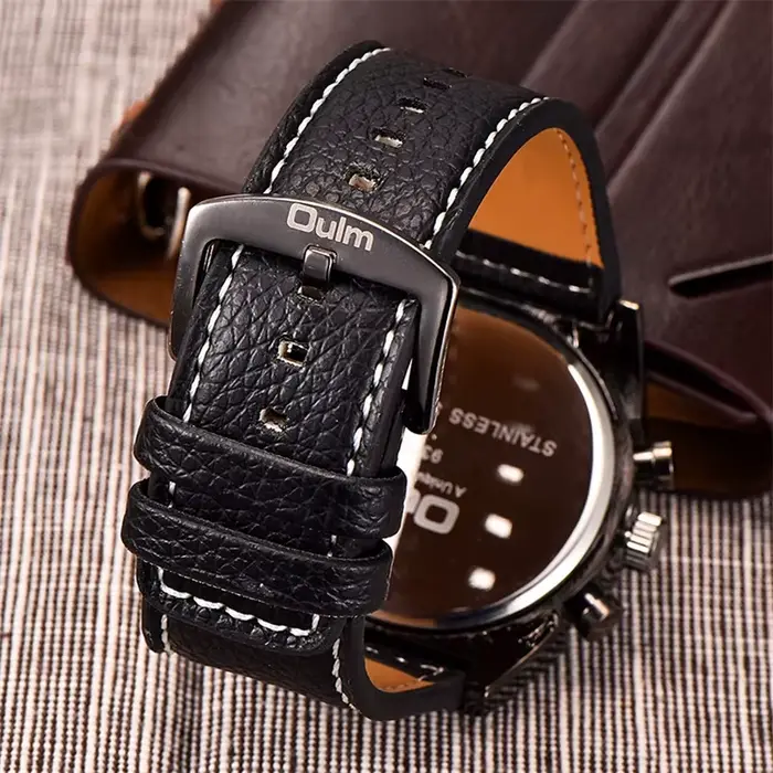 Oulm 9315 montre à trois fuseaux horaires bracelet en cuir décontracté montres pour hommes conception Unique Sports de plein air montre-bracelet mâle horloge
