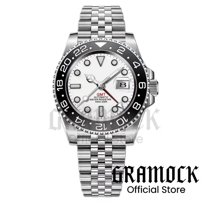 Gramock 40mm cadran blanc noir rouge GMT montre pour hommes montre-bracelet mécanique vert lumineux Date saphir acier plongée Reloj Hombre