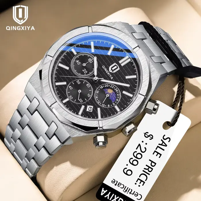 QINGXIYA Montre Chronographe à Phase de Lune de Luxe pour Hommes, Nouvelle Collection, Étanche, en A