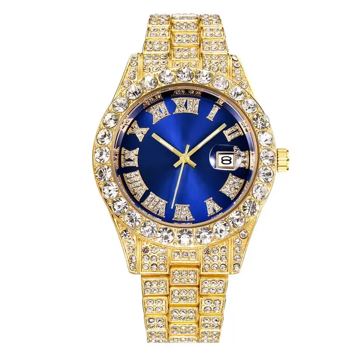 Montre étanche style Hip Hop pour homme, avec fonction calendrier, design pavé, affichage de la date