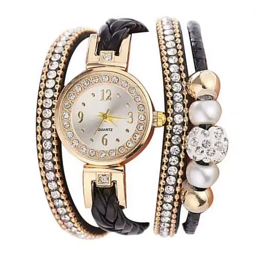 Montre à Quartz avec perles en strass pour femmes, cadran rond, bouton pression, multicouche, cadeau