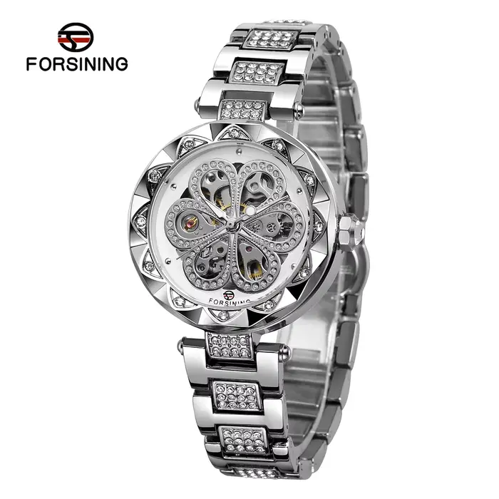 Forsining montre squelette pour femmes mode classiques diamant montres mécaniques automatiques aiguilles lumineuses bracelet en acier inoxydable