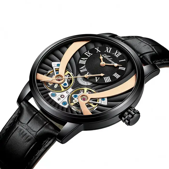 Montre mécanique classique Ailang Real Double Flying Tourbillon en cuir véritable étanche OEM automatique 2026