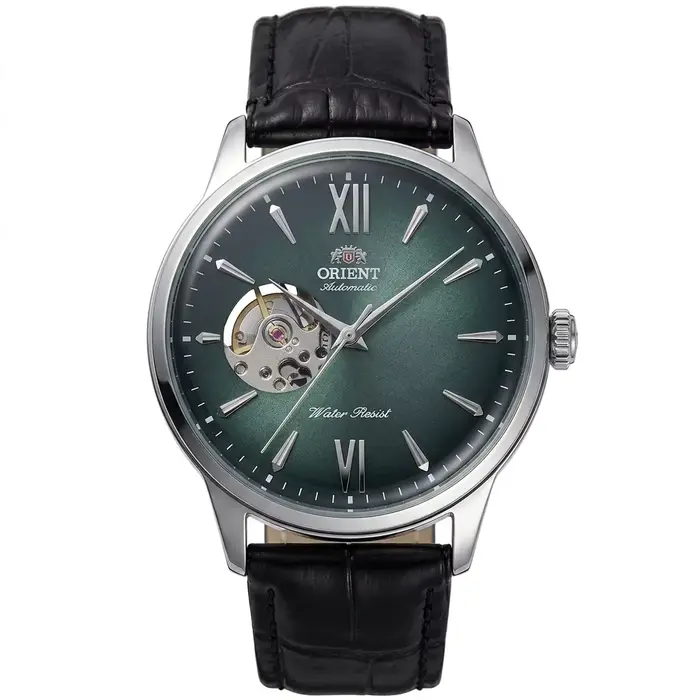 Montre mécanique automatique Orient Open Heart pour homme, cadran vert, bracelet en cuir, étanche, m