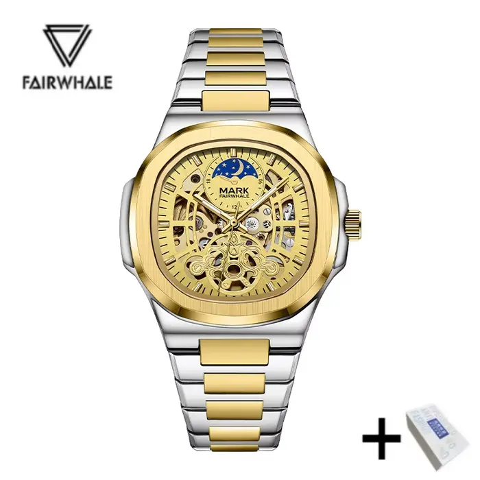 Mark Fairwhale mouvement automatique 6012 nouveau cadran de Phase de lune creuse Tourbillon en acier inoxydable étanche mécanique montre pour hommes