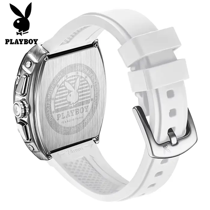 Montre PLAYBOY 3075 en alliage avec bracelet en silicone pour hommes, style mode et décontracté, résistance à l'eau 3 bars, idéale pour les occasions spéciales et cadeaux d'anniversaire