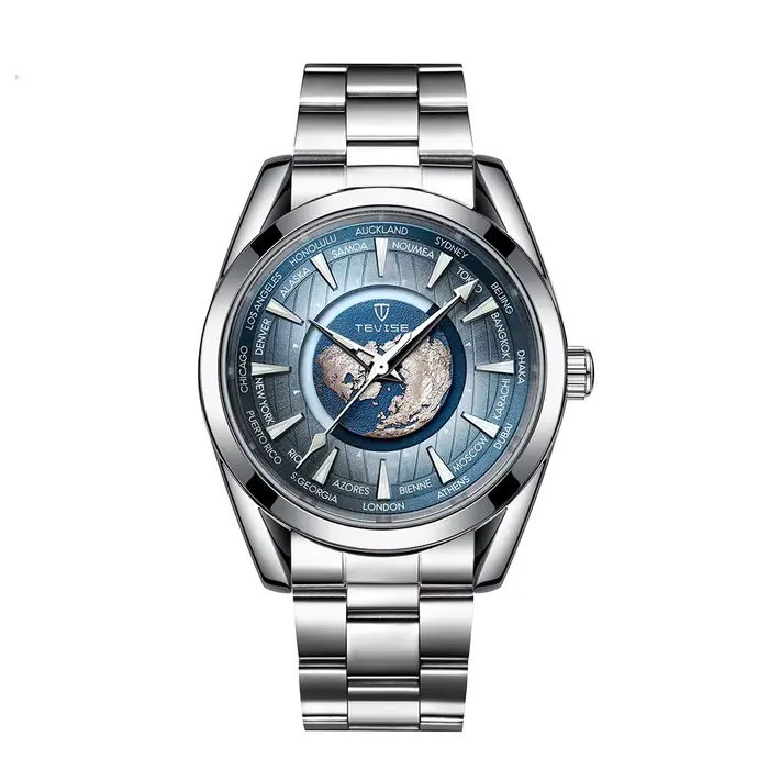 Montre automatique à motif terrestre pour homme, montre-bracelet mécanique en acier inoxydable, étan