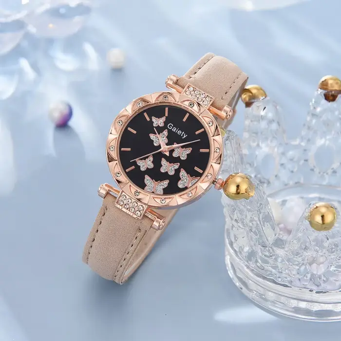 Ensemble de montre-bracelet à quartz pour femme avec bague, collier, boucles d'oreilles et bracelet en cuir, papillon, variété de couleurs pour tous les styles et occasions