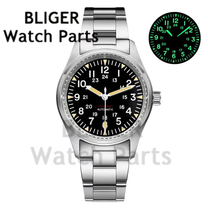 Montre vintage Blicher NH35A PT5000 avec mouvement automatique, verre saphir bombé, résistance à l'eau, idéale pour les pilotes et les amoureux du design classique