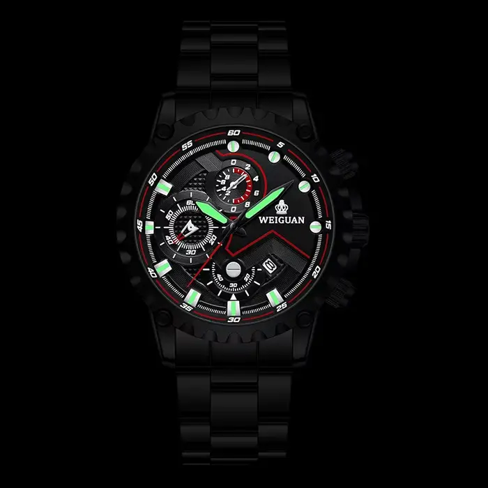 Montre pour hommes noir guerrier authentique à la mode en acier inoxydable étanche calendrier lumineux mâle
