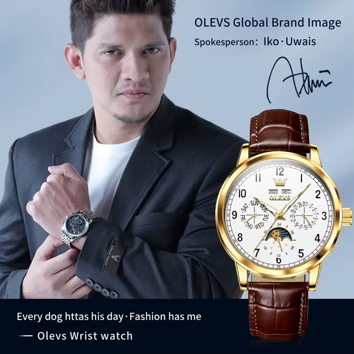 Montre mécanique OLEVS en cuir pour homme, phase de lune, étanche, calendrier touristique, élégante à offrir pour occasions spéciales
