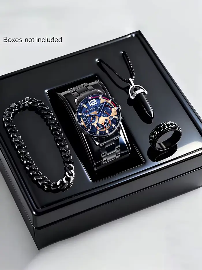 Ensemble de montre à Quartz tendance pour hommes, avec Bracelet, collier, bague, fonction calendrier