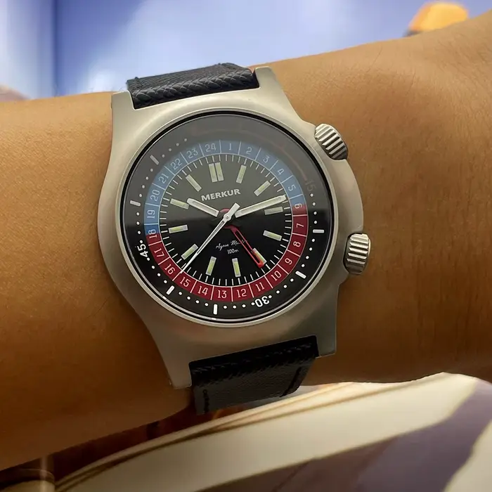 Nouveau Merkur double couronne pilote peau montre de plongée 100m rétro manuel montres mécaniques pour hommes