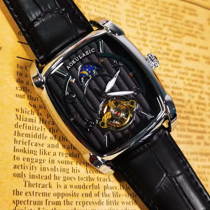 AOKULASIC Tourbillon squelette montre mécanique pour hommes mains lumineuses bracelet en cuir mode affaires