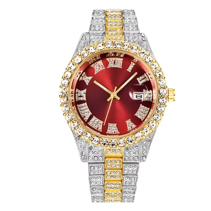 Montre étanche avec fonction calendrier, design pavé, montre-bracelet à quartz, affichage de la date