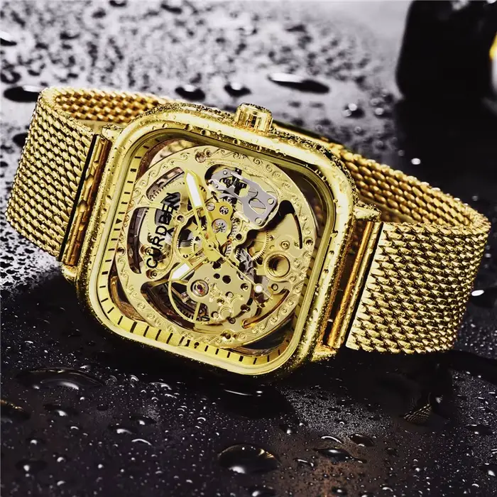 CURDDEN marque montres pour hommes mode bracelet en acier inoxydable doré évider automatique montre mécanique Relogio Masculino Ouro