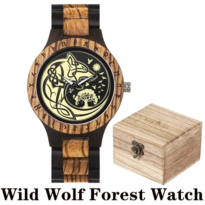 BOBO BIRD Viking Montres en Bois Top Mouvement à Quartz Japonais Montre-Bracelet Unique pour Hommes 
