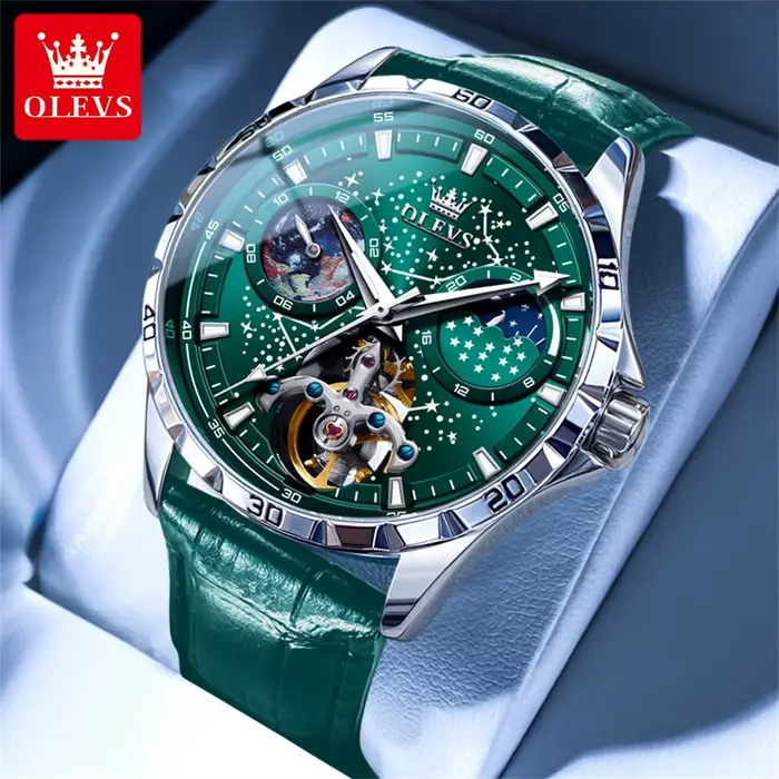 Montre Mécanique OLEVS avec Cadran Vert et Phase de Lune Élégante Bracelet en Cuir pour Hommes Occasions Spéciales Étanche Ciel Étoilé Tourbillon