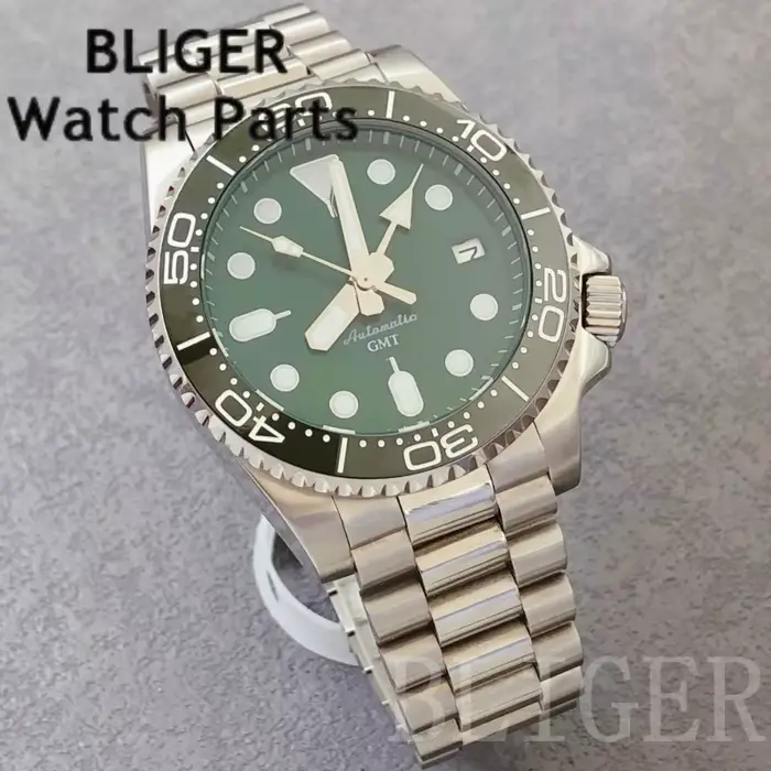 BLIGER 40mm GMT montre pour hommes NH34 mouvement automatique 3.8 couronne cadran vert insérer 10Bar étanche nouveau