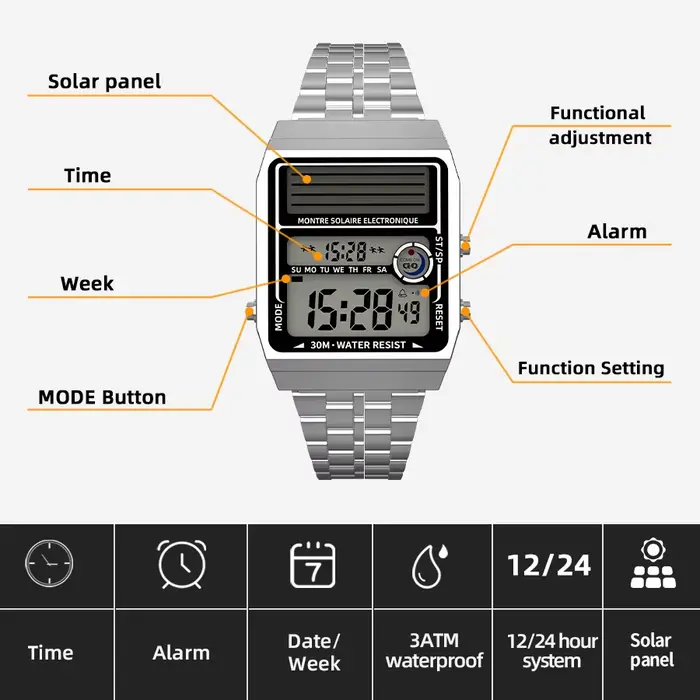 Montre électronique multifonction solaire rétro à la mode