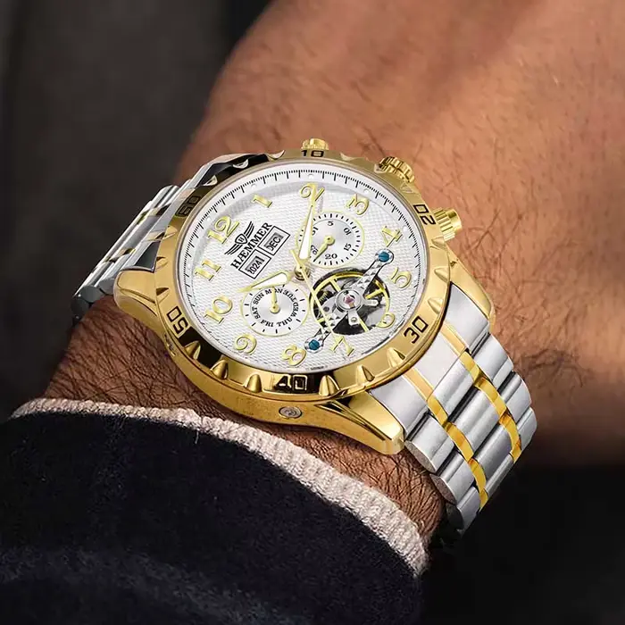 Montre mécanique multifonction automatique homme acier inoxydable résistante à l'eau avec calendrier et affichage semaine élégante multifonctionnelle pour homme occasions spéciales