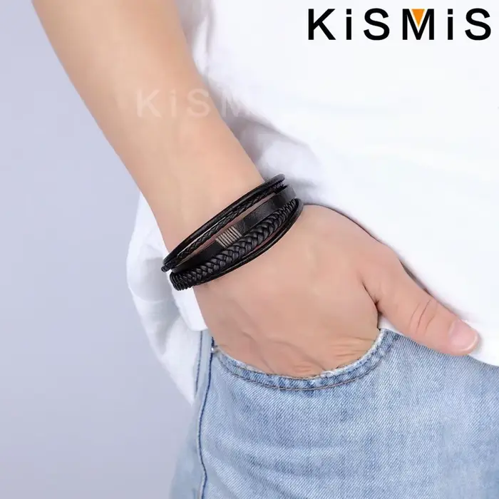 Bracelet en cuir tissé multicouche pour hommes