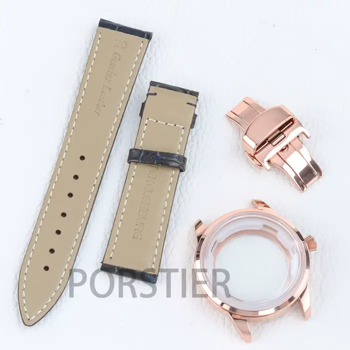 Boîtier pour homme en or rose 40 mm, verre bombé, acier inoxydable massif, pour mouvement Cocktail nh35/nh36/nh38, cadran 35 mm, bracelet en cuir 20 mm