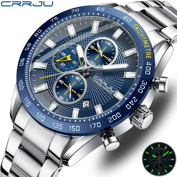 Montre-bracelet CRRJU chronographe avec date automatique pour hommes robuste et élégant occasion sportive ou quotidienne
