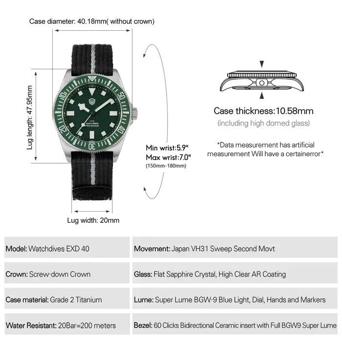 Watchdives EXD 40 Montre de plongée en titane vert rétro VH31 Montres à quartz étanches 200M Verre saphir AR Lunette en céramique 60 clics Luminescence