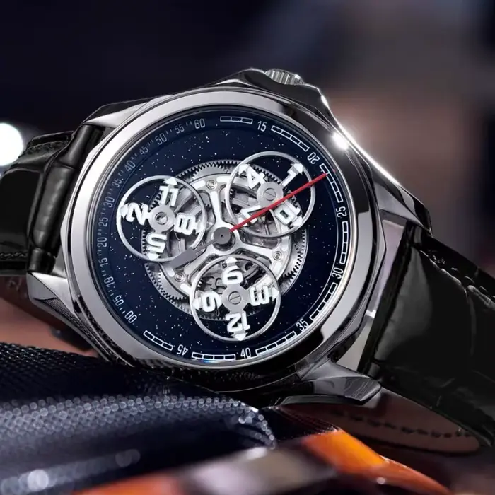 Montre automatique homme OBLVLO édition limitée cuir acier inoxydable cadran rotatif saphir pour occasions spéciales
