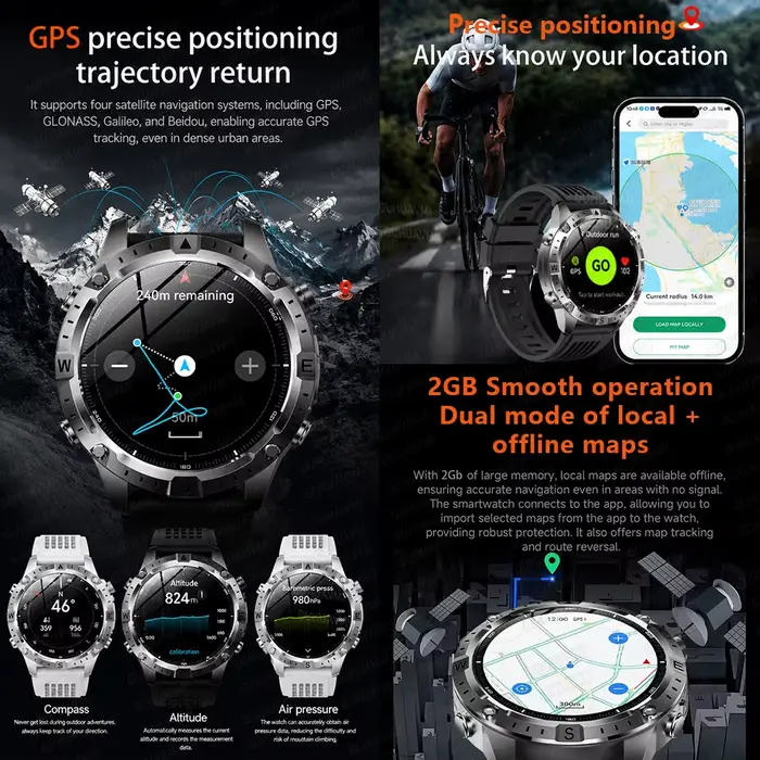 Nouvelle Montre Connectée GPS Extérieure 2026 avec Cartes Hors Ligne Double Bande GNSS Montre de Triathlon Étanche 10 ATM Boussole Lampe Torche Bracelets Sportifs Multilingue