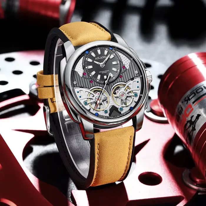 AILANG automatique mécanique étanche Sport militaire hommes montre de luxe Double Tourbillon homme montre-bracelet bracelet en cuir