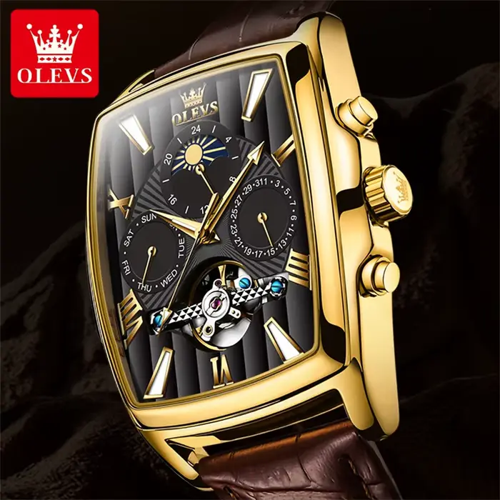 OLEVS luxe cadran rectangulaire montres mécaniques étanche en cuir automatique montre lumineuse hommes d'affaires relogios masculino