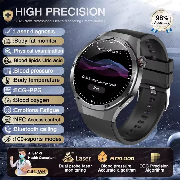 Montre connectée intelligente 2026 authentique et neuve avec ECG, tension artérielle, acide urique, 