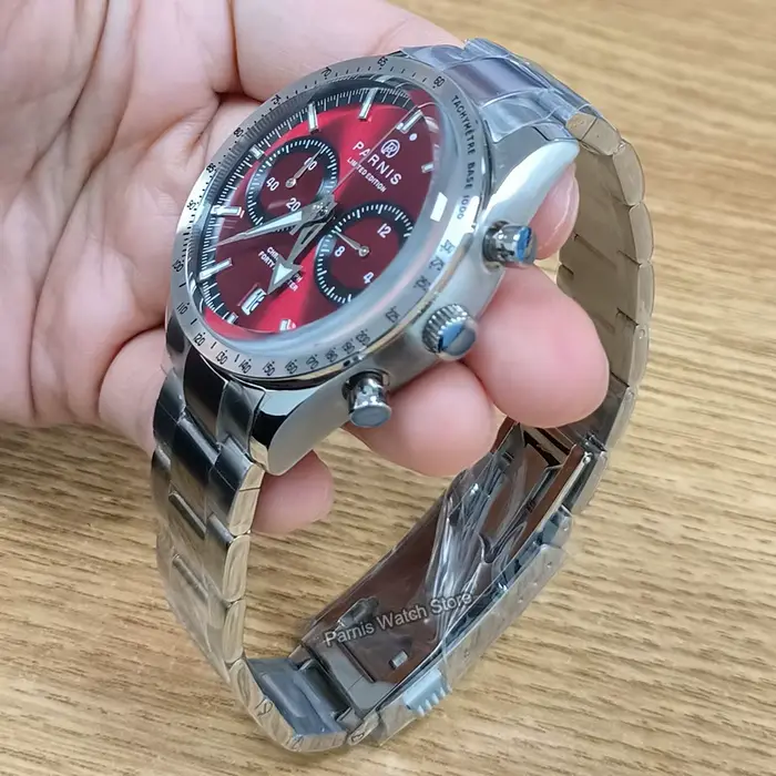 Parnis 40mm cadran rouge Quartz chronographe montre pour hommes bracelet en acier inoxydable