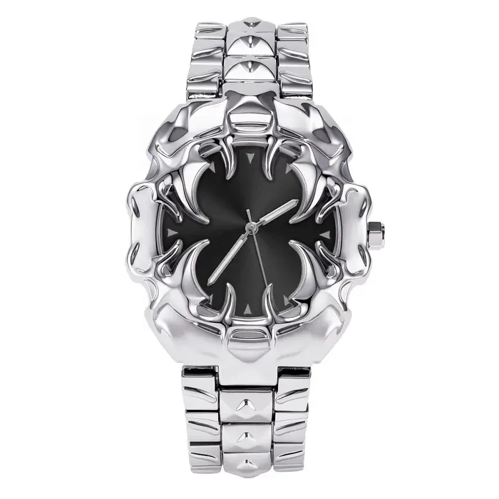 Montre à quartz gothique sombre avec griffes de démon, cadran trèfle à quatre feuilles, acier inoxyd