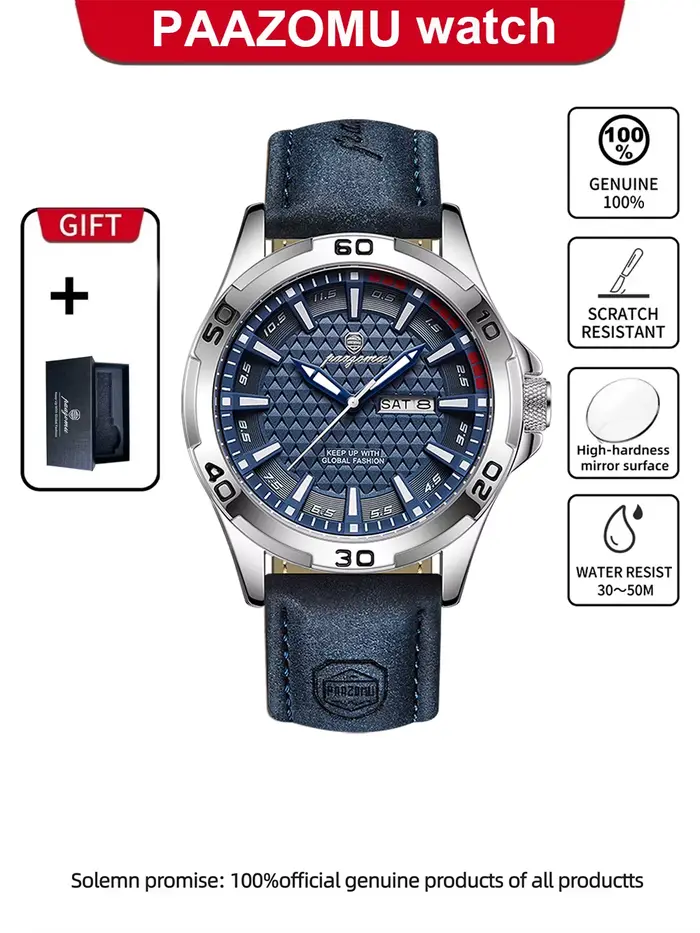 PAAZOMU – montre de haute qualité pour hommes, étanche, en cuir lumineux, de luxe, militaire, à Quar