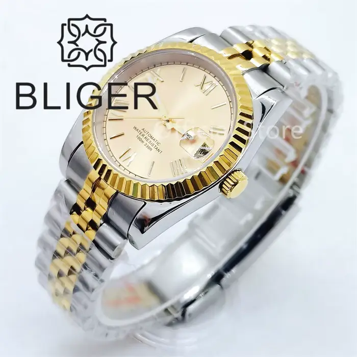 BLIGER-Montre-bracelet à cadran doré pour homme, lunette cannelée bicolore, verre saphir, date jubil