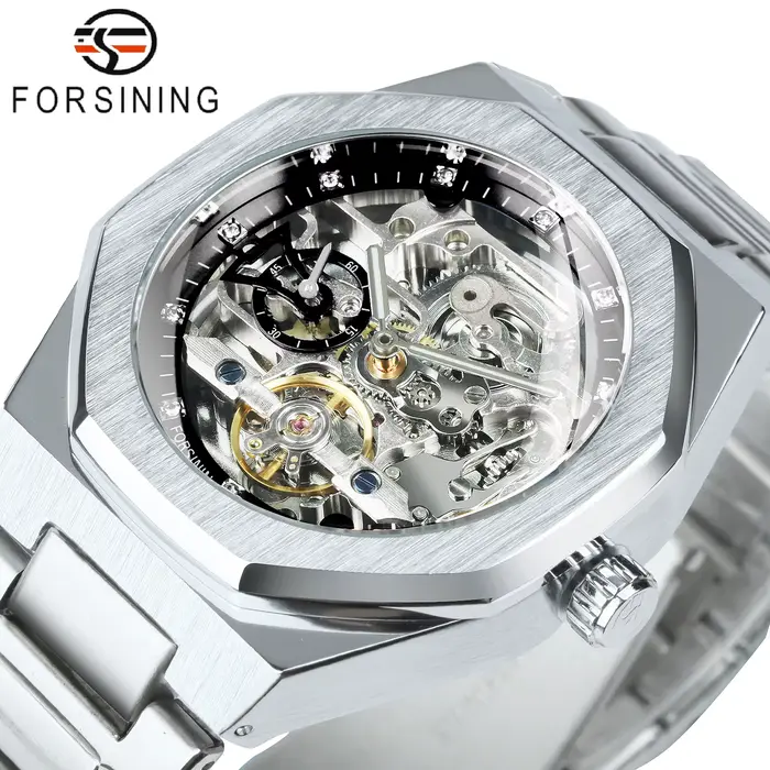 Forsining Tourbillon squelette montre mécanique pour hommes aiguilles lumineuses bracelet en acier i