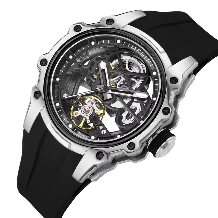 Montre mécanique automatique Daniel Gorman MEGIR 2243 cadran squelette sportive avec bracelet en silicone pour homme occasions spéciales