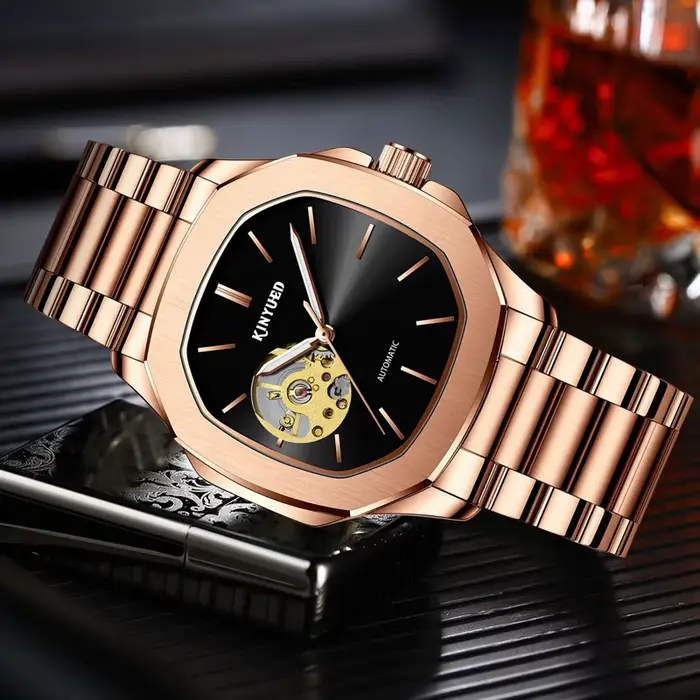 Montre KINYUED Mécanique Hommes Luxe Acier Inoxydable Squelette Tourbillon Résistante À L'Eau Occasions Spéciales