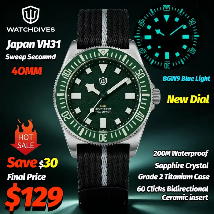 Watchdives EXD 40 Montre de plongée en titane vert rétro VH31 Montres à quartz étanches 200M Verre saphir AR Lunette en céramique 60 clics Luminescence