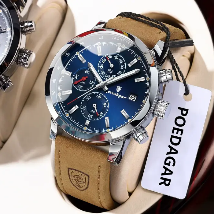 POEDAGAR Original mode homme montre Date chronographe en cuir étanche lumineux hommes