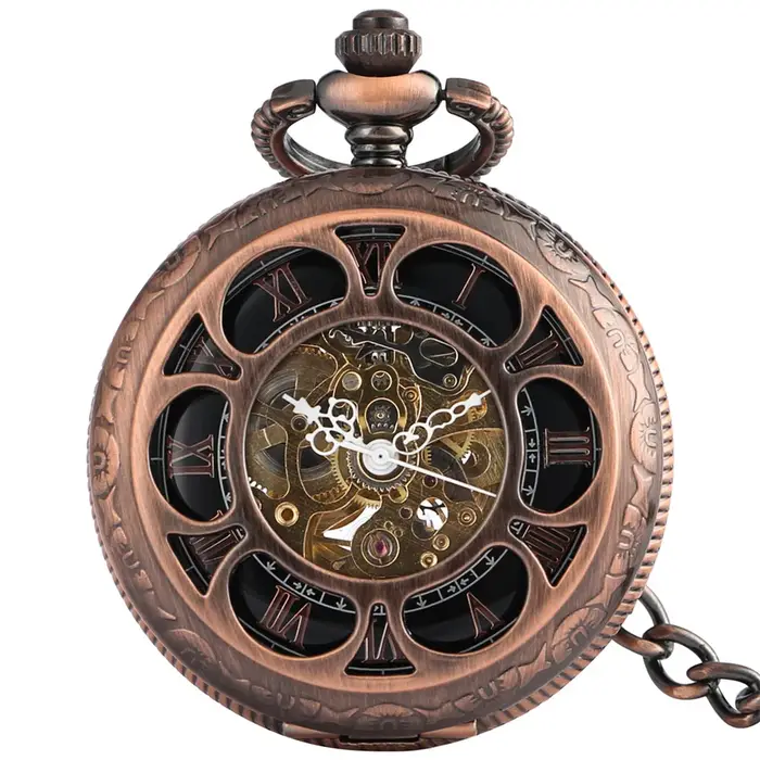 Montre de poche mécanique creuse or Rose/noir avec fleur de citrouille