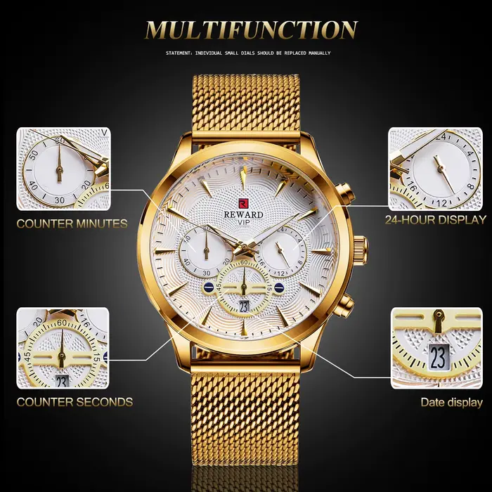 Récompense montres d'affaires mouvement à Quartz mode hommes or montre en acier inoxydable calendrier de luxe