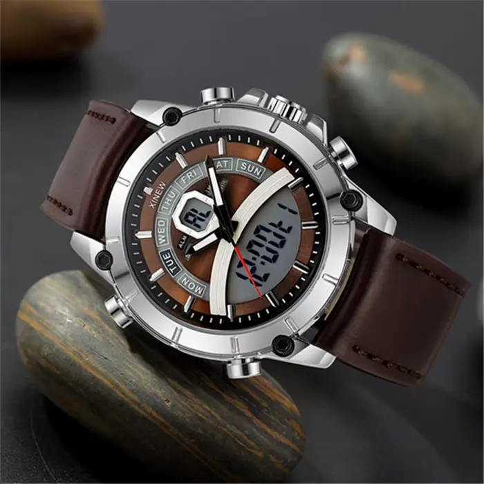 Montre homme XINEW à quartz avec double affichage analogique-digital, bracelet en cuir, chronographe et répéteur pour occasions spéciales