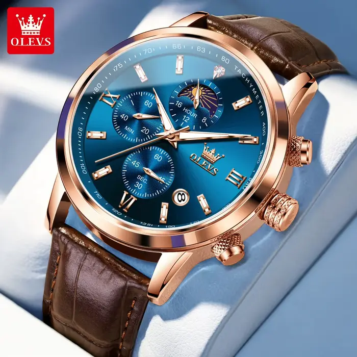 Original OLEVS 9812 marque montre en cuir pour hommes mode étanche lumineux multifonction chronographe Quartz montre-bracelet homme nouveau