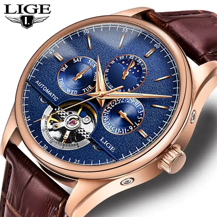 Montre-bracelet mécanique en cuir véritable étanche pour homme